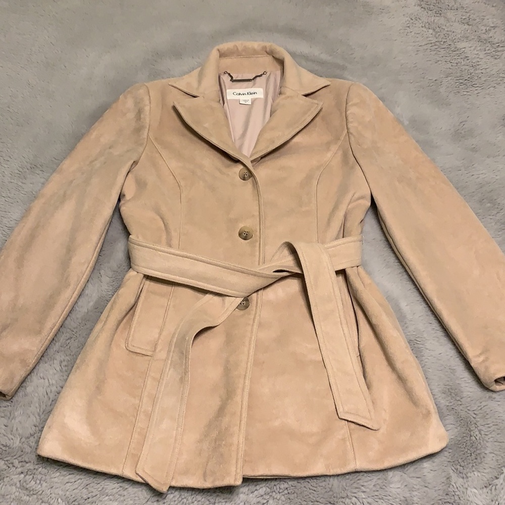 ❤️SALE Calvin Klein Dusty Pink Suede Tie Waist Satin Lined Jacket Coat M EUC
